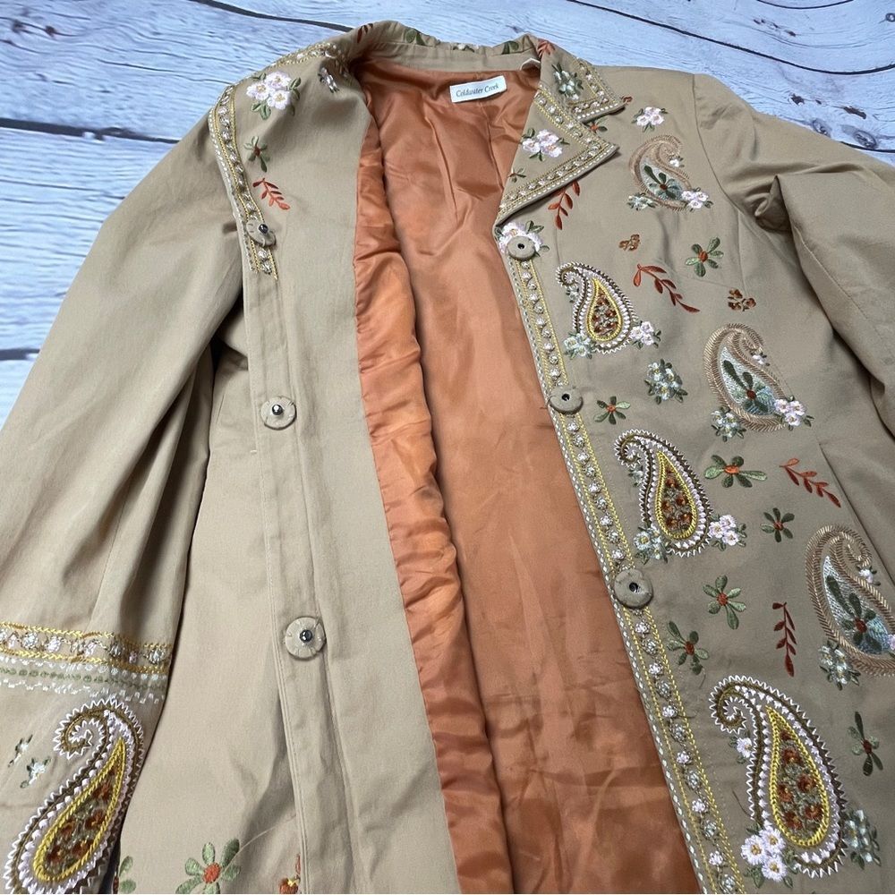 COLDWATER CREEK boho paisley floral embroidered tan coat jacket, size 14 - Picture 10 of 16